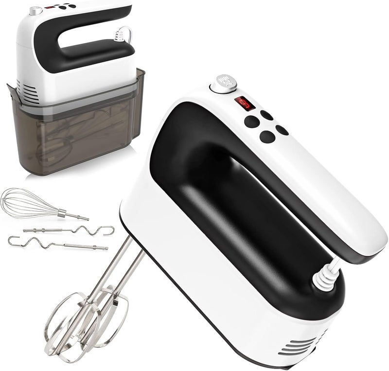 Yomelo 9-Speed Digital Hand Mixer Electric, 400W Powerful DC Motor, Hand Mixer Electric Handheld with Snap-On Storage Case, 5 Stainless Steel Accessories, Beaters, Dough Hooks, Whisk(White/Black) - Image 1